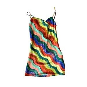 Rainbow Striped Mini Dress Silky Slipdress Women's Size Small